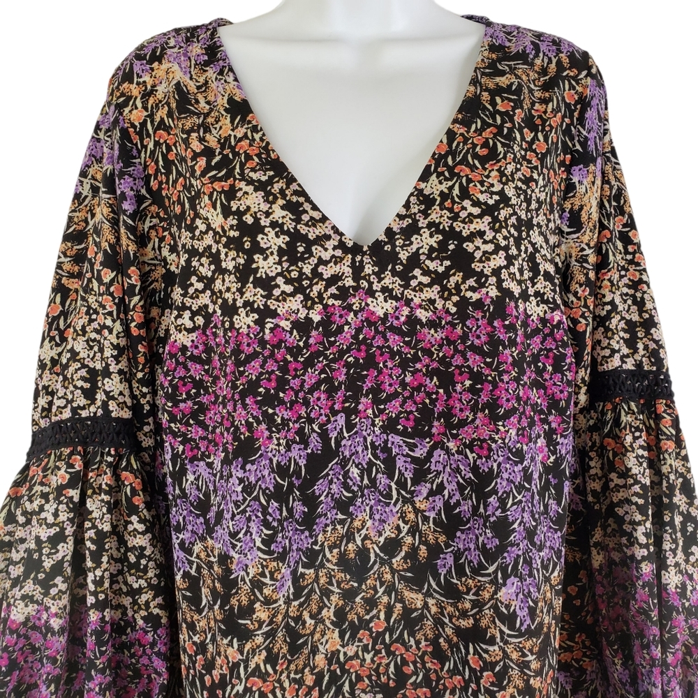 MSK Women's floral print chiffon shift dress black rose Purple 1X EUC Crochet